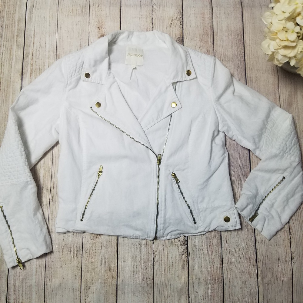 White Linen Blend Moto Jacket w Gold Hardware